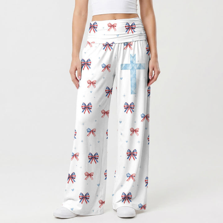 Christianartworkshop Sweet Bow Print Blue Cross Women's Wide Leg Pants - US22,UK/AU26,EU54 - image 0