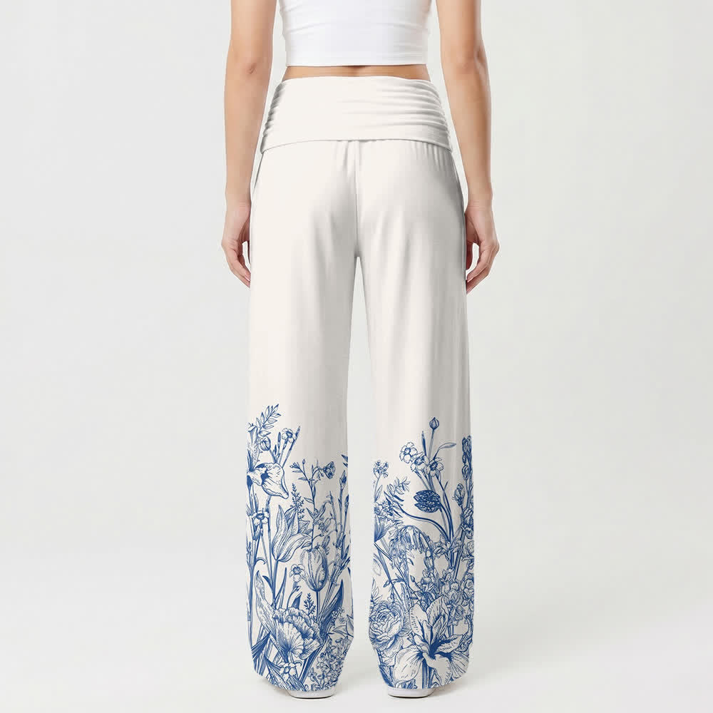 Christianartworkshop Blue Floral Hem YHWH Foldover Women's Wide Leg Pants - image 1