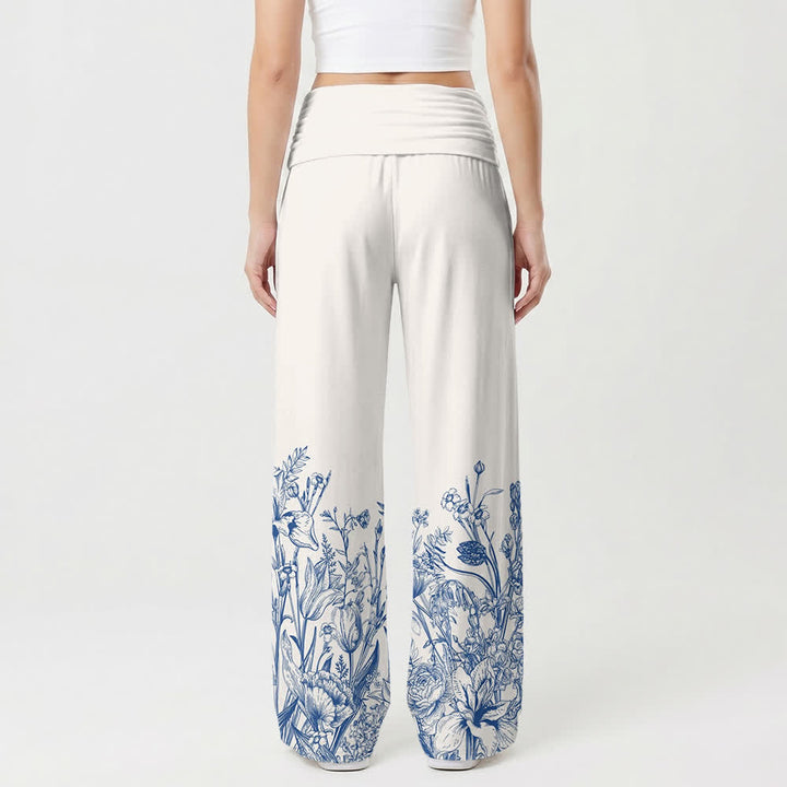 Christianartworkshop Blue Floral Hem YHWH Foldover Women's Wide Leg Pants - image 1
