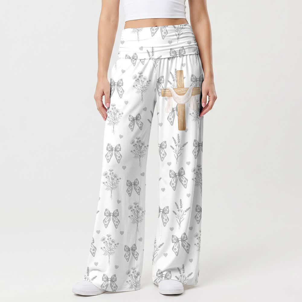 Christianartworkshop Soft Gray Bow Floral Print Women's Wide Leg Pants - US22,UK/AU26,EU54 - image 0