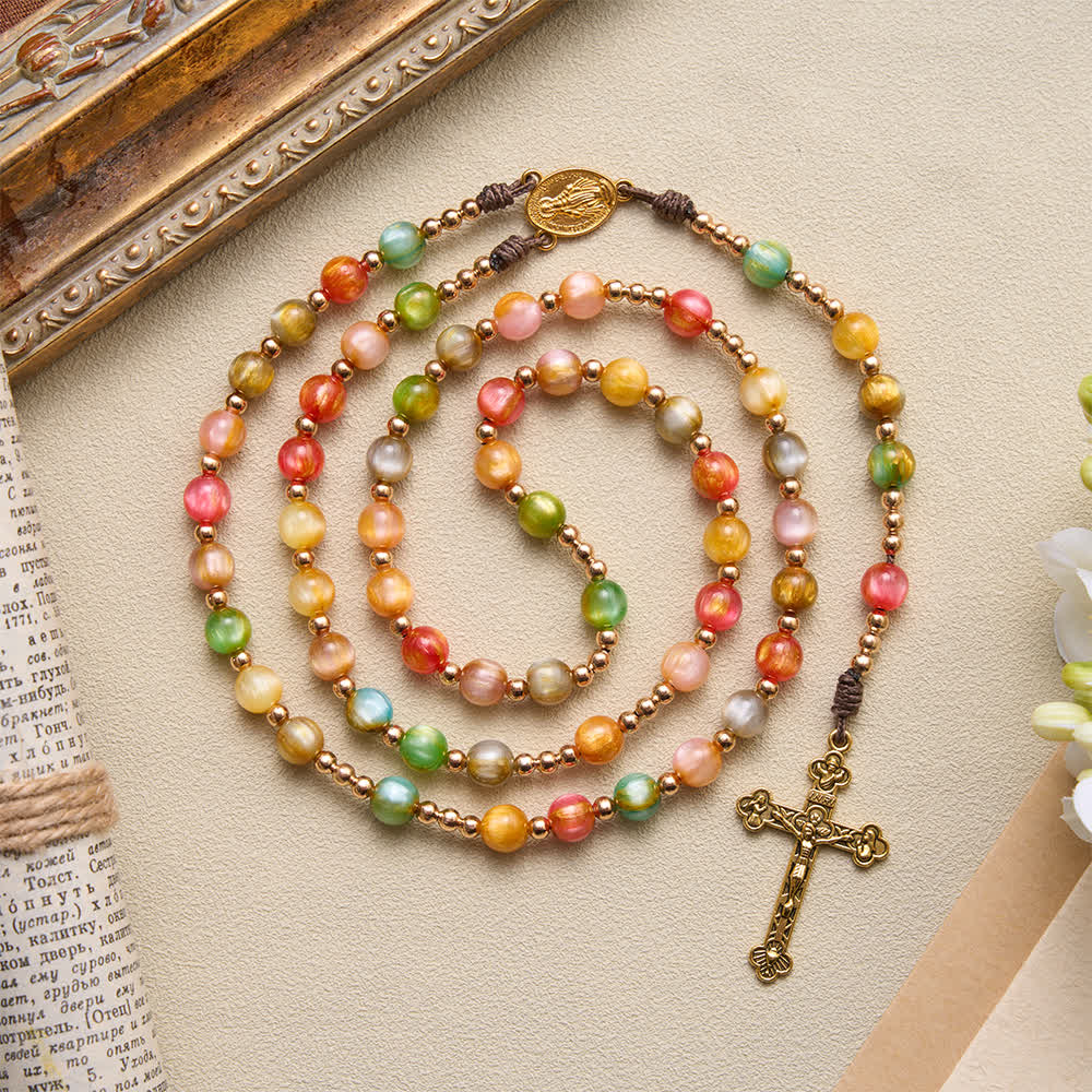 Christianartworkshop Glowing Colored Cat‑Eye Resin Rosary Featuring Vintage Carved Crucifix - Colored Glossy Rosary - image 0