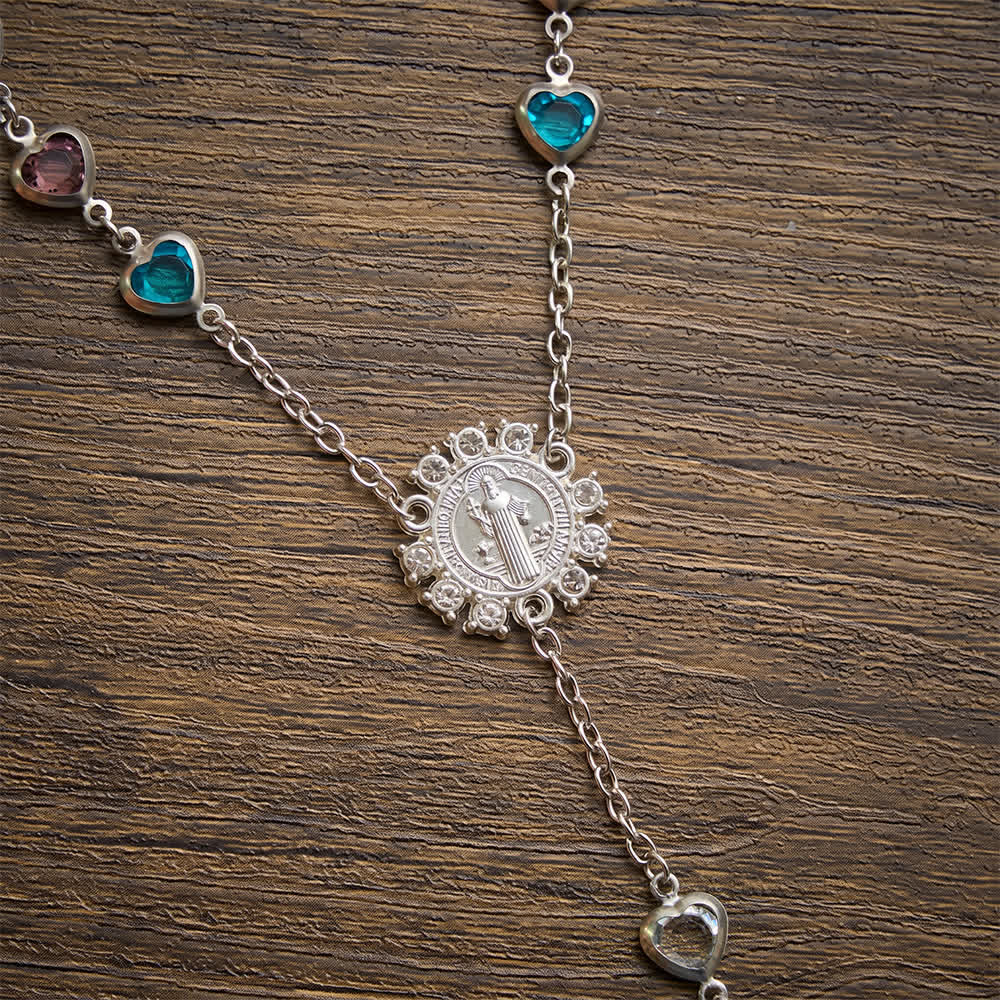 Christianartworkshop Silver‑Toned Heart‑Zircon Rosary With St.Benedict Medallion: Emblem of Gentle Heavenly Grace - image 7