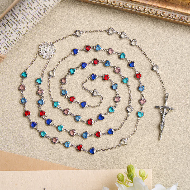 Christianartworkshop Silver‑Toned Heart‑Zircon Rosary With St.Benedict Medallion: Emblem of Gentle Heavenly Grace - Heart Zircon Beads Rosary - image 0