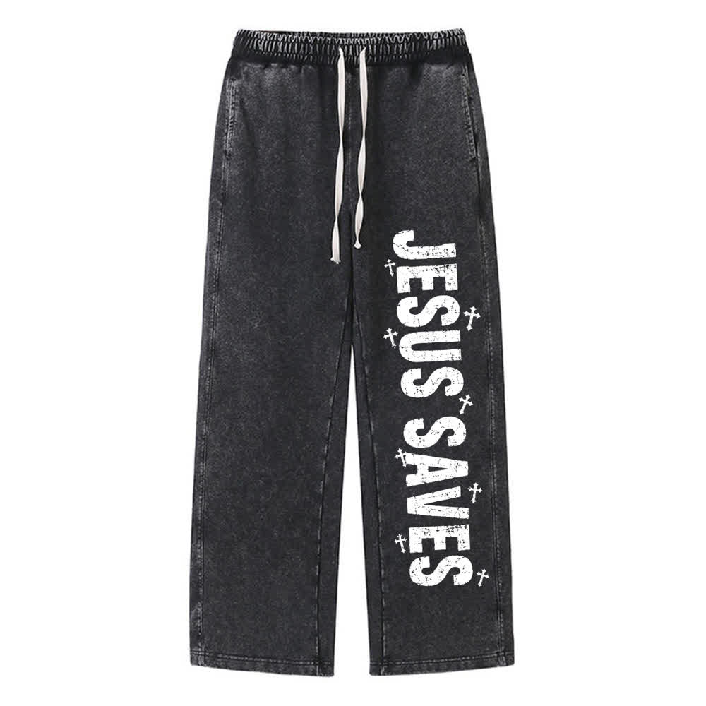 Christianartworkshop Jesus Saves Distressed Statement Washed Sweatpants - Black - 2XL - image 9