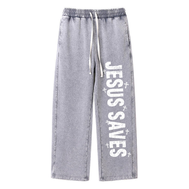 Christianartworkshop Jesus Saves Distressed Statement Washed Sweatpants - Grey - 2XL - image 3