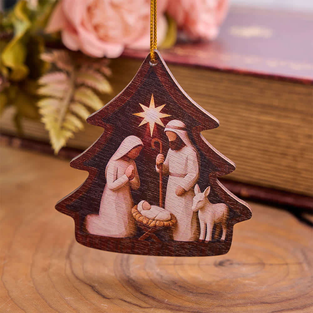 Christianartworkshop Tree‑Shaped Wooden Hanging Ornament With Holy Family Nativity Scene - image 2