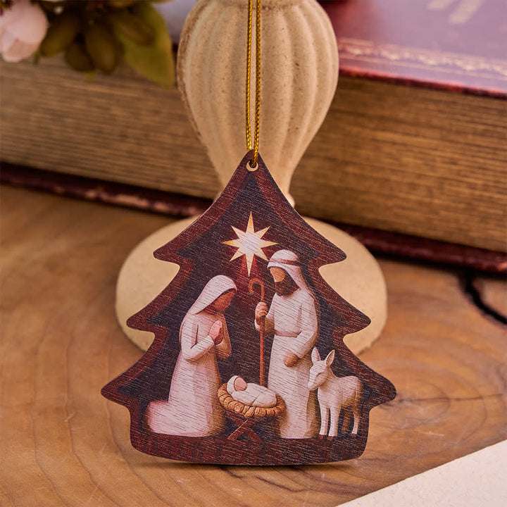 Christianartworkshop Tree‑Shaped Wooden Hanging Ornament With Holy Family Nativity Scene - White - image 1
