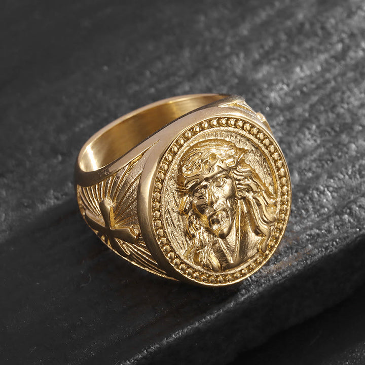 Christianartworkshop Bold Wide Band Jesus Portrait Ring: Token Of Abiding Heavenly Salvation - Golden - US 13 - image 3
