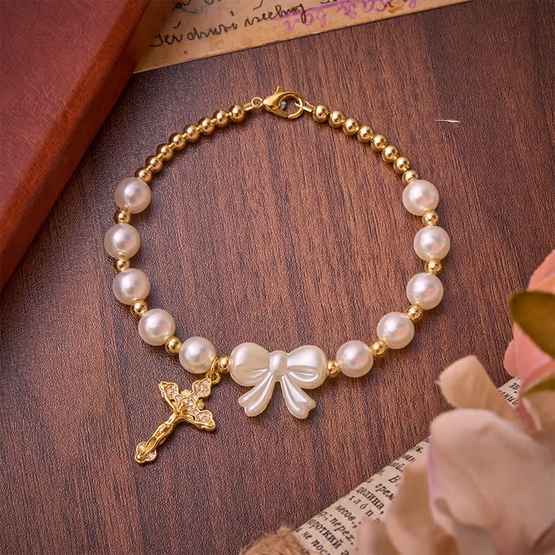 Christianartworkshop White Beaded Bow Rosary Bracelet With Jeweled Crucifix: Emblem of Sweet Heavenly Grace - Beaded Bow Rosary Bracelet - image 0