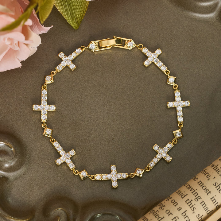 Christianartworkshop Sequential Crystal Cross Chain Bracelet: Token Of Unbroken Divine Shelter - Golden - 7.87''/20cm - image 1
