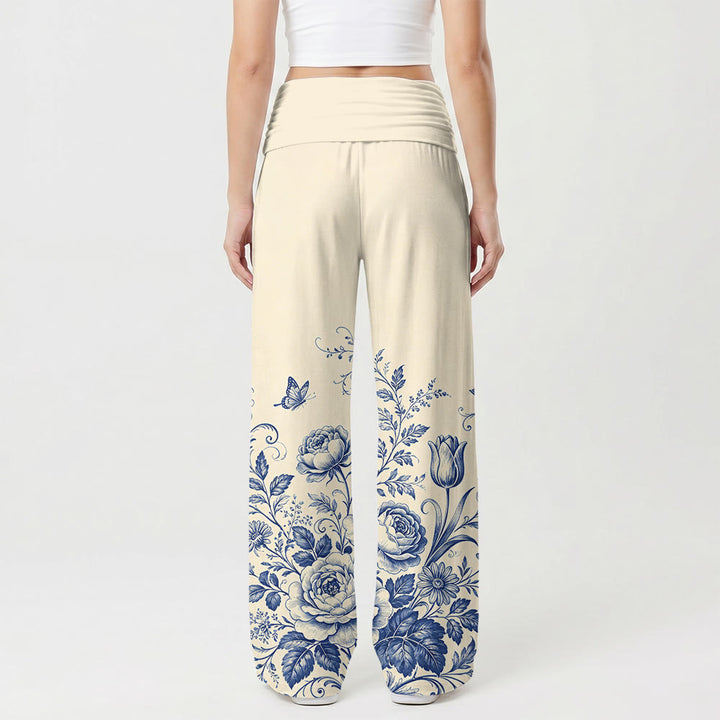 Christianartworkshop Blue Floral Cross Accent Women’s Wide Leg Pants - image 1