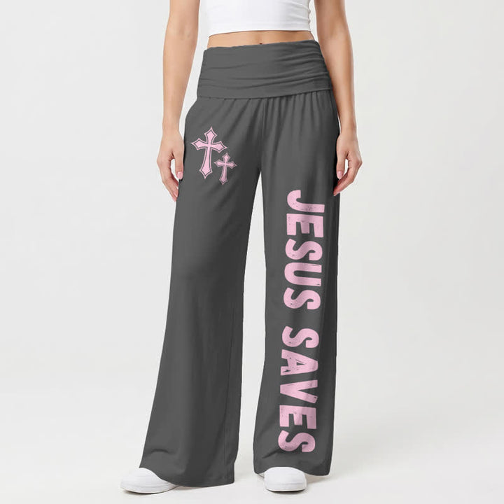 Christianartworkshop Jesus Saves Pink Cross Foldover Women's Wide Leg Pants - Grey - US22,UK/AU26,EU54 - image 6