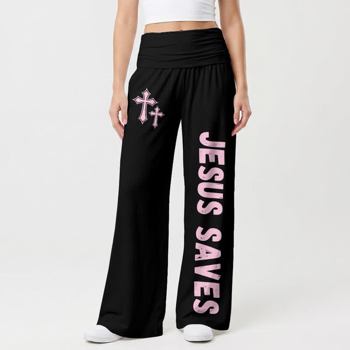 Christianartworkshop Jesus Saves Pink Cross Foldover Women's Wide Leg Pants - Black - US22,UK/AU26,EU54 - image 0