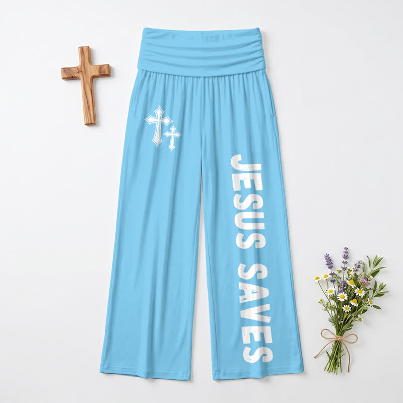 Christianartworkshop Jesus Saves Pink Cross Foldover Women's Wide Leg Pants - image 14