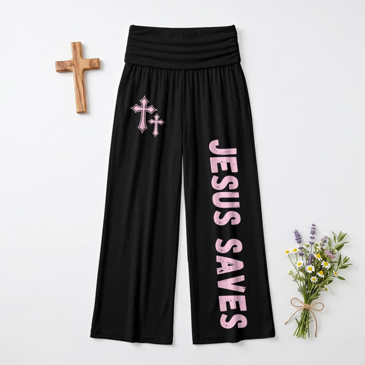 Christianartworkshop Jesus Saves Pink Cross Foldover Women's Wide Leg Pants - image 2