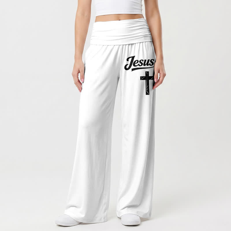 Christianartworkshop Jesus Cross Soft Drape High Waist Women's Wide Leg Pants - image 2