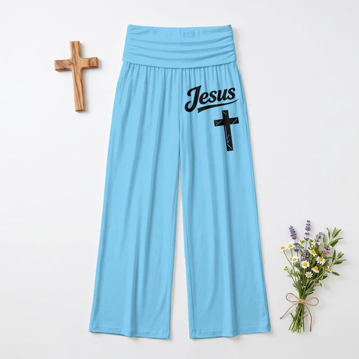 Christianartworkshop Jesus Cross Soft Drape High Waist Women's Wide Leg Pants - Blue - US22,UK/AU26,EU54 - image 12