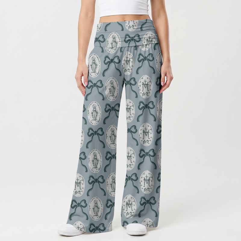 Christianartworkshop Blue Gray Medallion Bow Print Women’s Wide Leg Pants - image 2