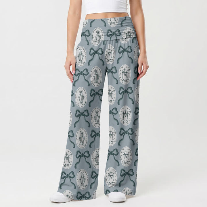 Christianartworkshop Blue Gray Medallion Bow Print Women’s Wide Leg Pants - image 2