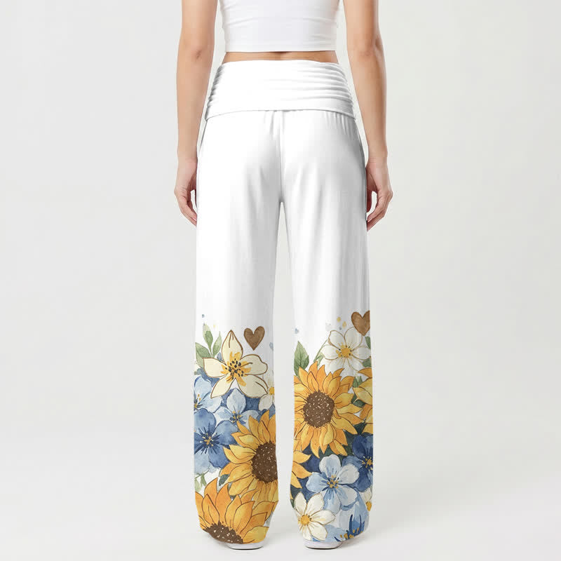 Christianartworkshop Sunflower Bloom Foldover Waist Women’s Wide Leg Pants - image 1