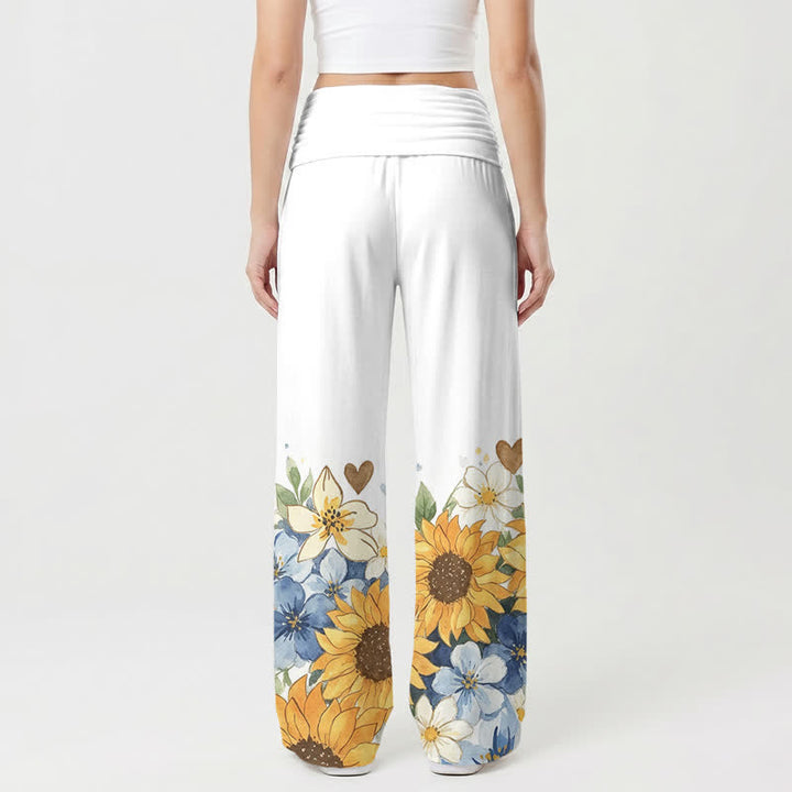 Christianartworkshop Sunflower Bloom Foldover Waist Women’s Wide Leg Pants - image 1