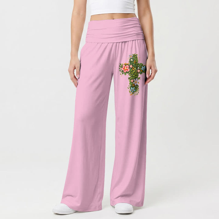 Christianartworkshop Floral Cross Foldover Waist Women's Wide Leg Pants - Pink - US22,UK/AU26,EU54 - image 0