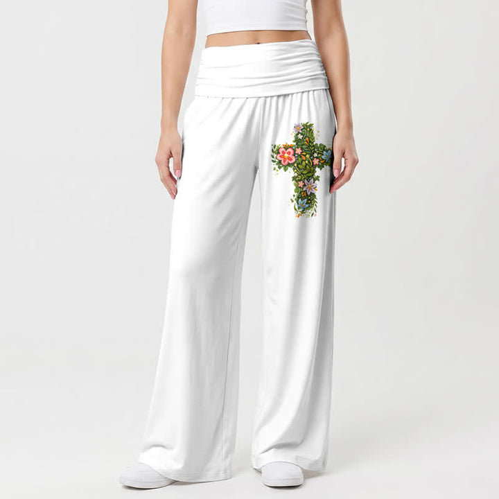 Christianartworkshop Floral Cross Foldover Waist Women's Wide Leg Pants - White - US22,UK/AU26,EU54 - image 9