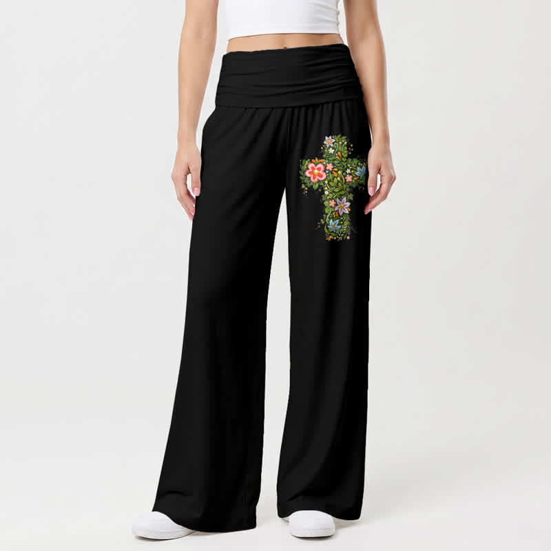 Christianartworkshop Floral Cross Foldover Waist Women's Wide Leg Pants - Black - US22,UK/AU26,EU54 - image 6