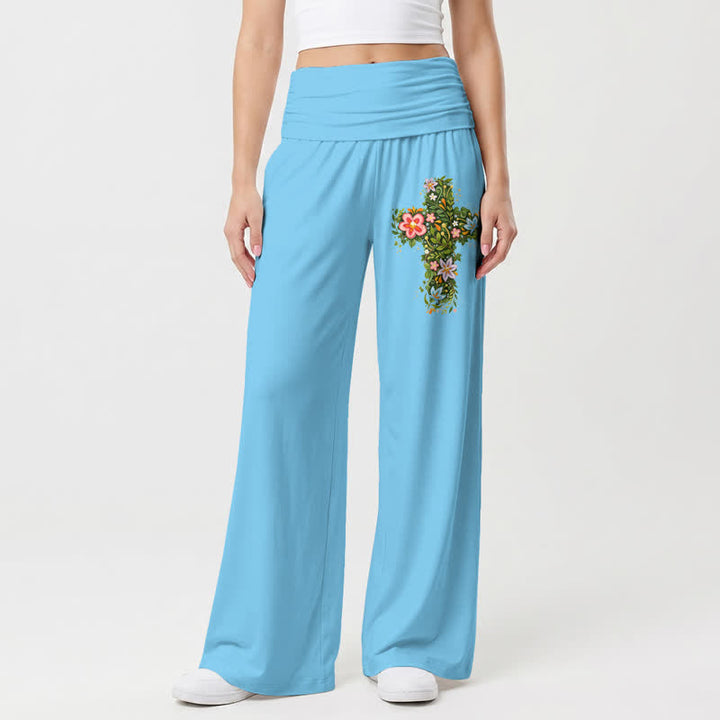 Christianartworkshop Floral Cross Foldover Waist Women's Wide Leg Pants - Blue - US22,UK/AU26,EU54 - image 12