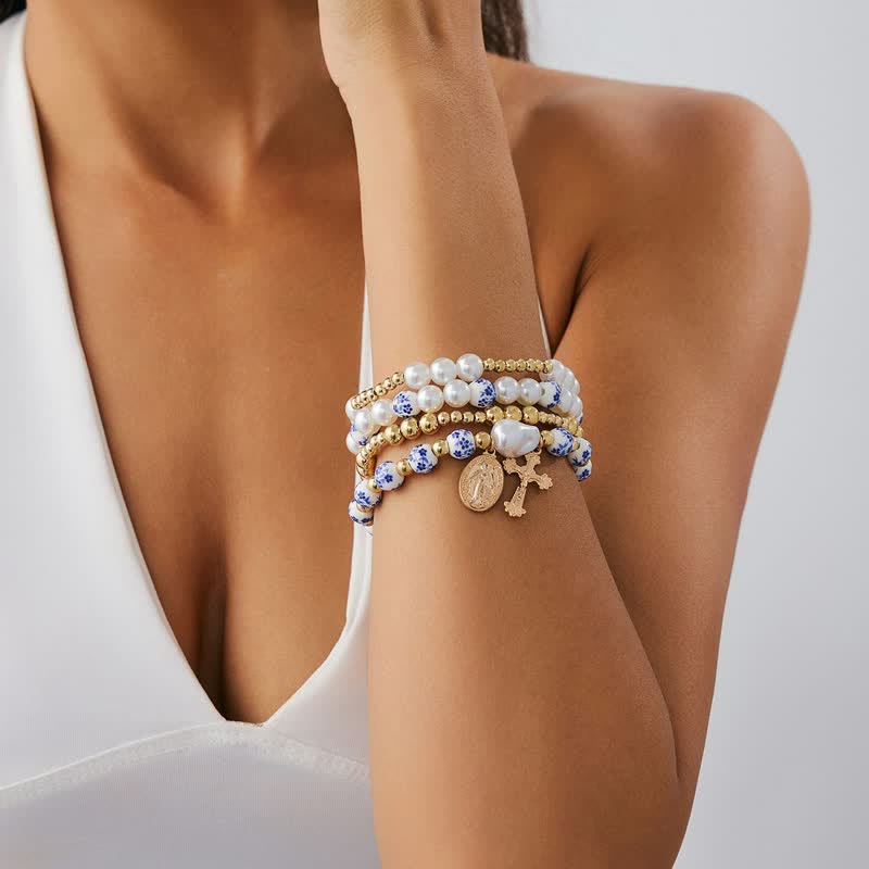 Christianartworkshop Daily Wear Layered Bead Crucifix Bracelet: Sign Of Soft Timeless Sacred Solace - 4 Pcs/Set - image 0