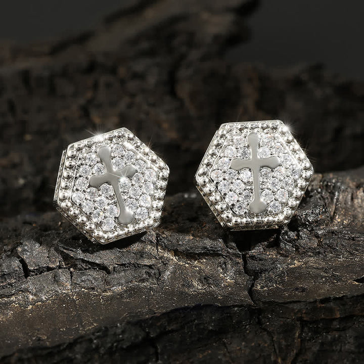 Christianartworkshop Minimal Sacred Hexagon Cross Stud Earrings: Sign Of Soft Timeless Sacred Solace - Silver - image 5