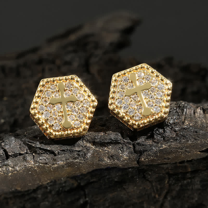 Christianartworkshop Minimal Sacred Hexagon Cross Stud Earrings: Sign Of Soft Timeless Sacred Solace - Golden - image 7