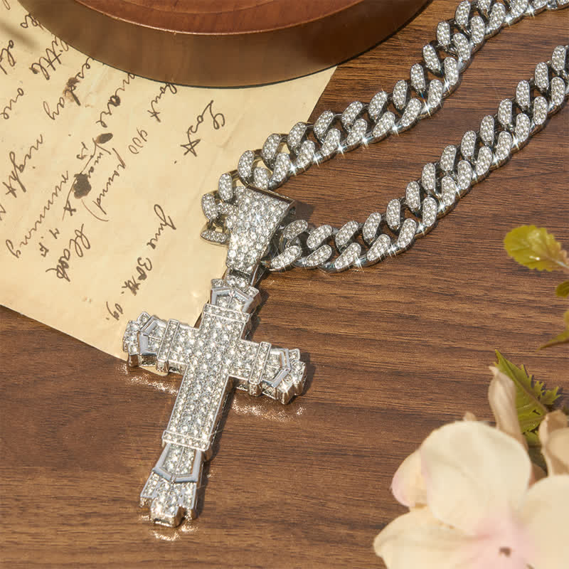 Christianartworkshop Sacred Alloy Iced Cross Cuban Necklace: Symbol of Calm Abiding Peace - Silver - 23.62''/60cm - image 3