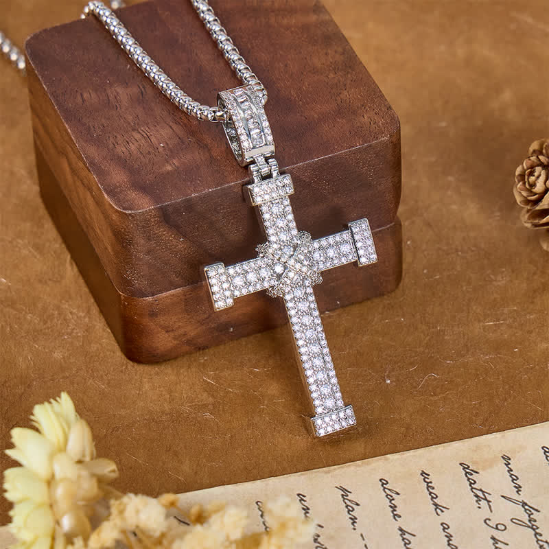 Christianartworkshop Sparkling Full Stone Copper Cross Necklace: Sign of Heavenly Blessings - Silver - image 1