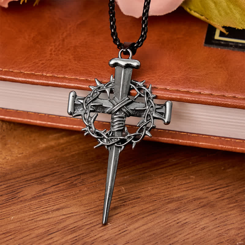 Christianartworkshop Sacred Crown of Thorns Nail Cross Alloy Necklace: Symbol of Calm Abiding Peace - Black - image 2
