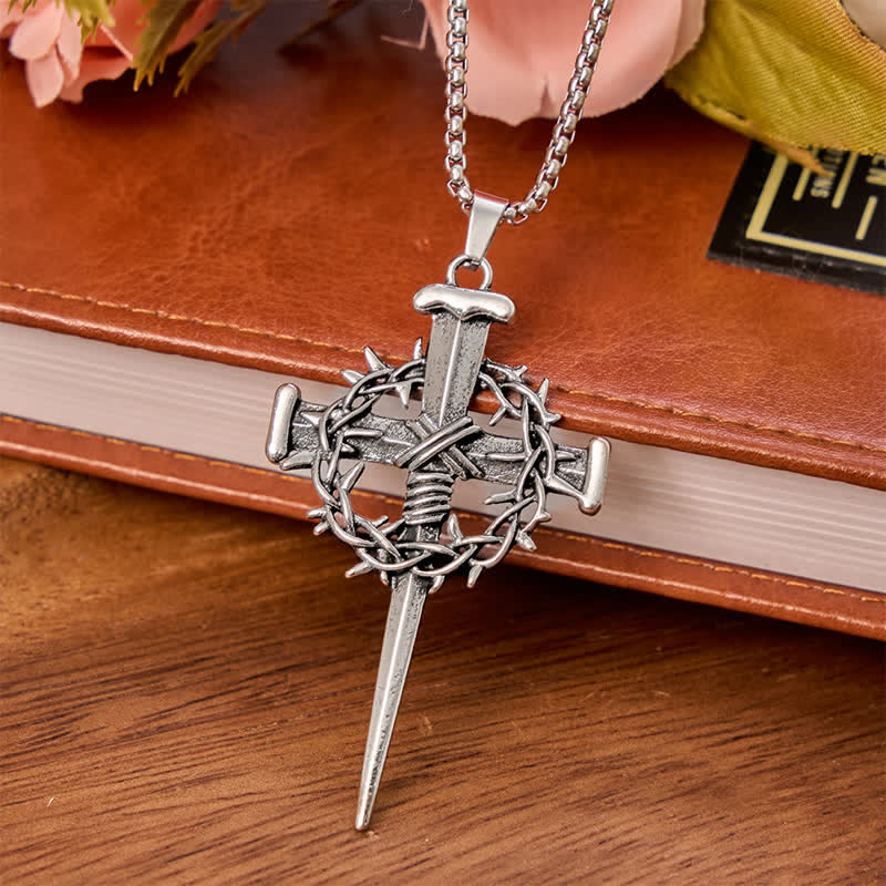 Christianartworkshop Sacred Crown of Thorns Nail Cross Alloy Necklace: Symbol of Calm Abiding Peace - Silver - image 3