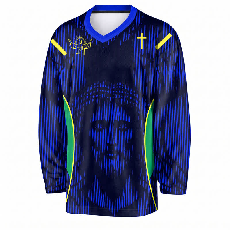 Christianartworkshop Jesus Portrait Blue V Neck Long Sleeve Hockey Jersey - image 1