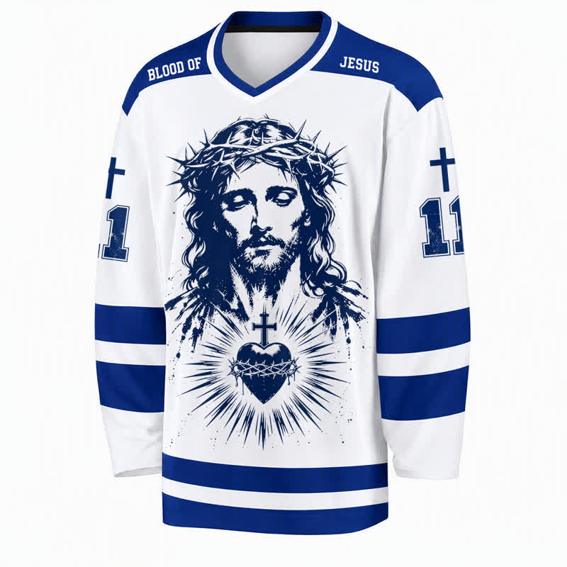 Christianartworkshop Savior John 3:16 Jesus & Sacred Heart Blue White Long Sleeve Hockey Jersey - image 1