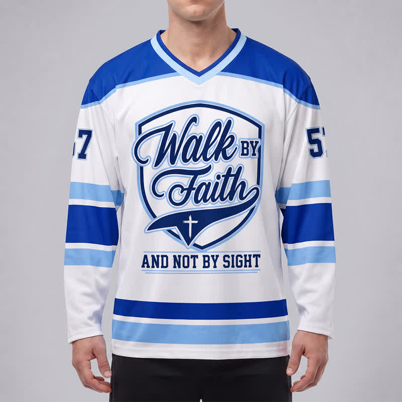 Christianartworkshop Walk By Faith Blue Stripe Long Sleeve Hockey Jersey - image 3