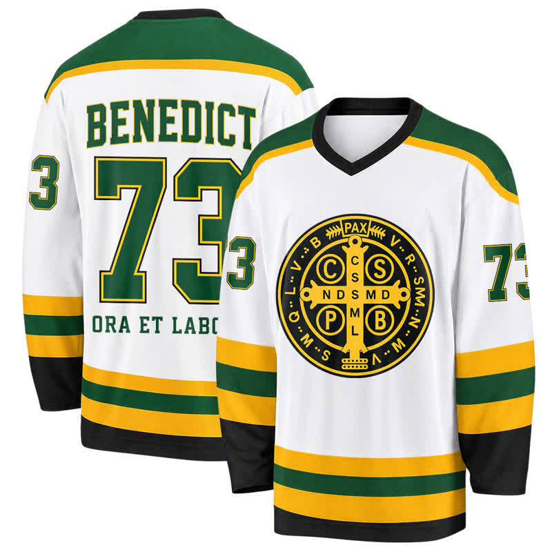 Christianartworkshop St.Benedict 73 Crest White Green Gold Hockey Jersey - 5XL - image 0