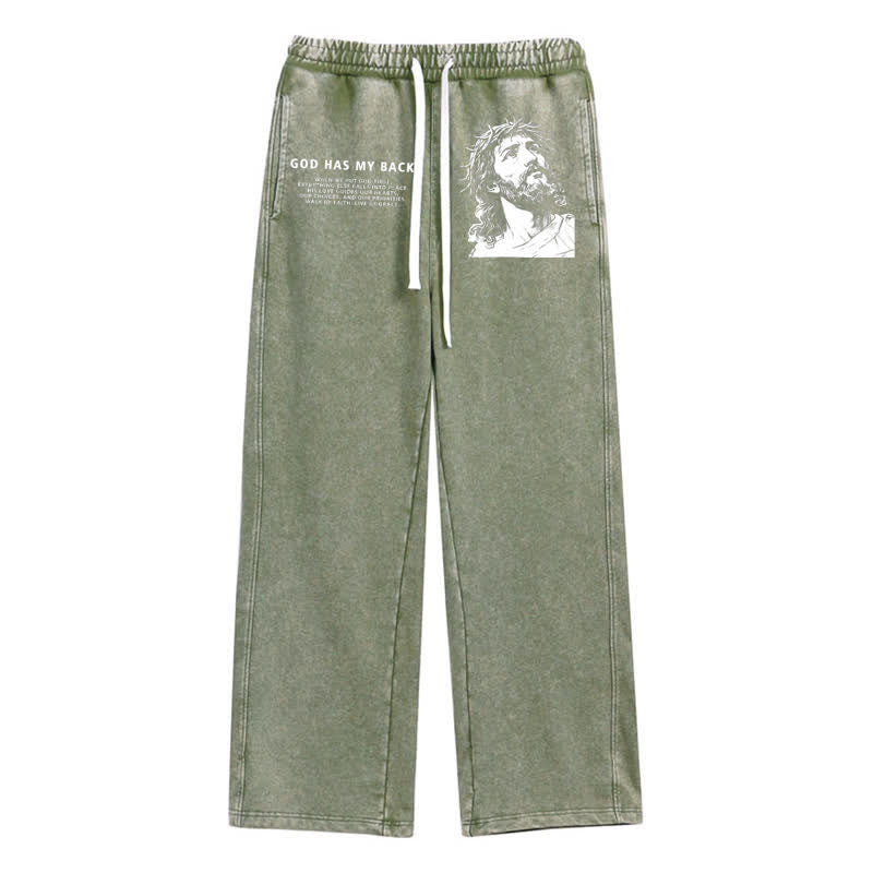 Christianartworkshop God Has My Back Jesus Portrait Washed Sweatpants - Army Green - 2XL - image 16