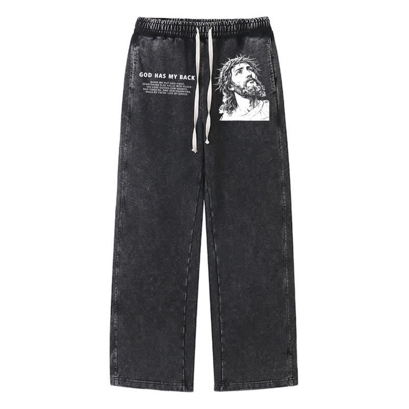 Christianartworkshop God Has My Back Jesus Portrait Washed Sweatpants - Black - 2XL - image 0