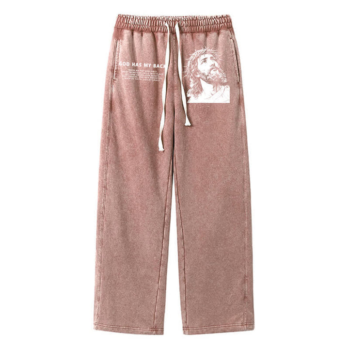 Christianartworkshop God Has My Back Jesus Portrait Washed Sweatpants - Brown - 2XL - image 32