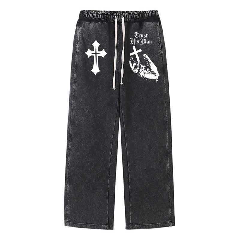 Christianartworkshop Trust His Plan Cross Graphic Washed Sweatpants - Black - 2XL - image 8