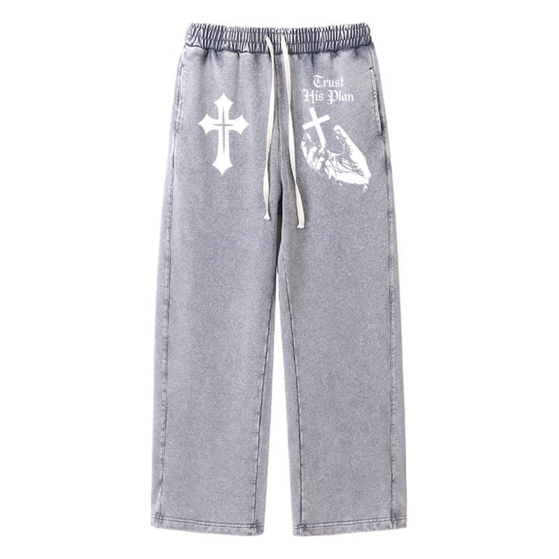 Christianartworkshop Trust His Plan Cross Graphic Washed Sweatpants - Grey - 2XL - image 16