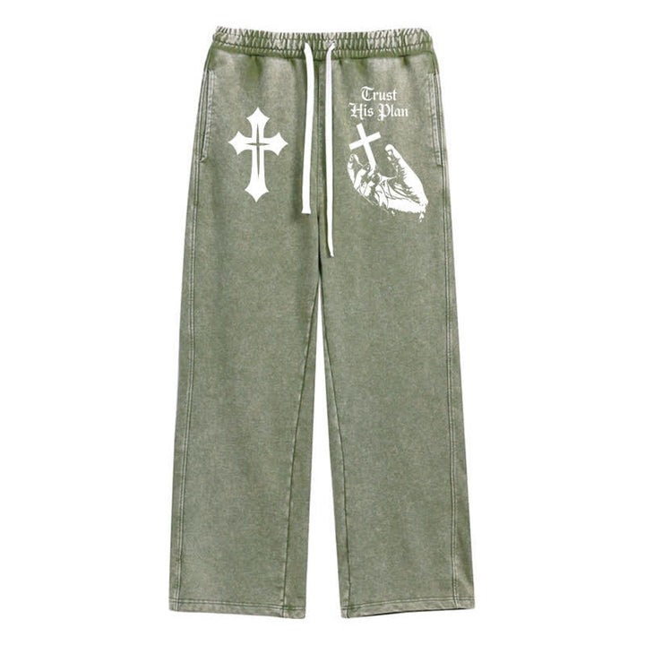 Christianartworkshop Trust His Plan Cross Graphic Washed Sweatpants - Army Green - 2XL - image 32