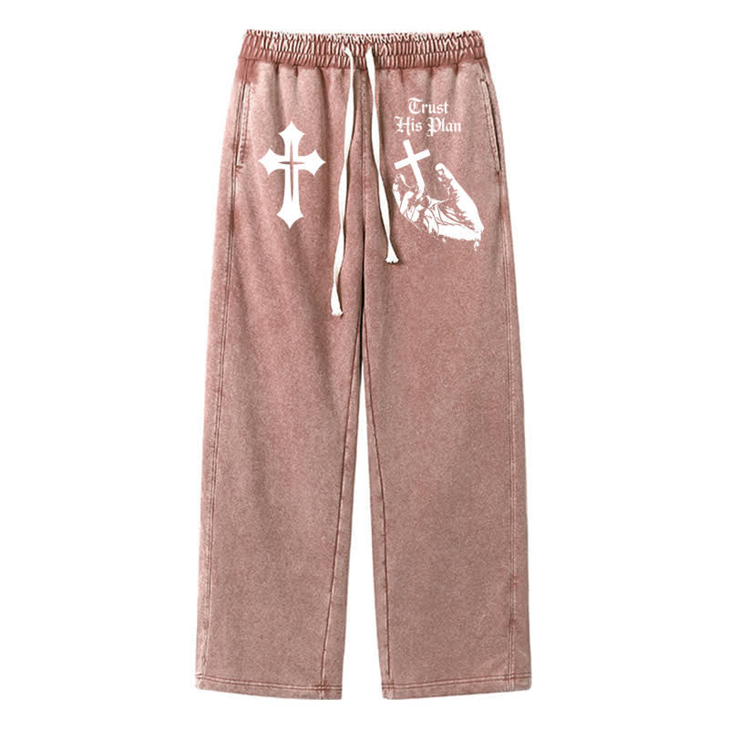 Christianartworkshop Trust His Plan Cross Graphic Washed Sweatpants - Brown - 2XL - image 0