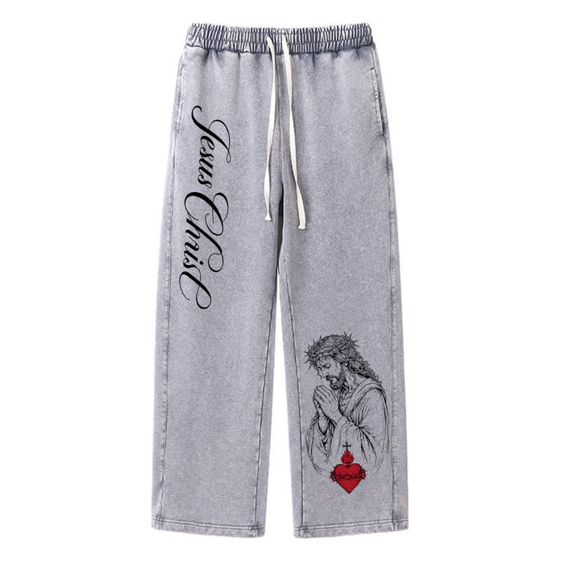 Christianartworkshop Jesus Christ Script Sacred Heart Washed Sweatpants - Grey - 2XL - image 0