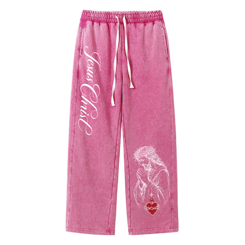Christianartworkshop Jesus Christ Script Sacred Heart Washed Sweatpants - Rose - 2XL - image 32
