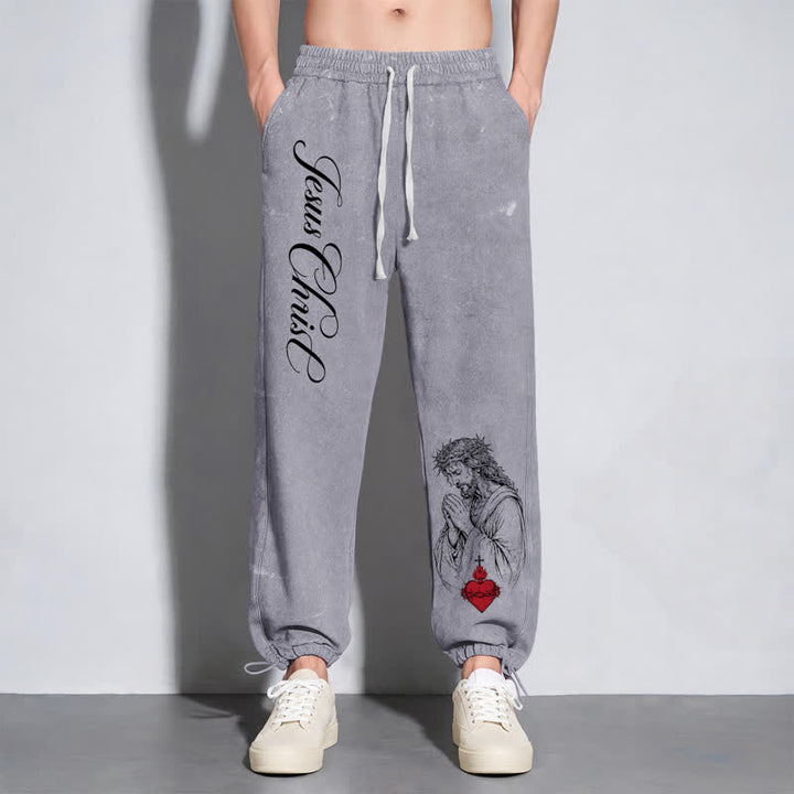 Christianartworkshop Jesus Christ Script Sacred Heart Washed Sweatpants - image 6